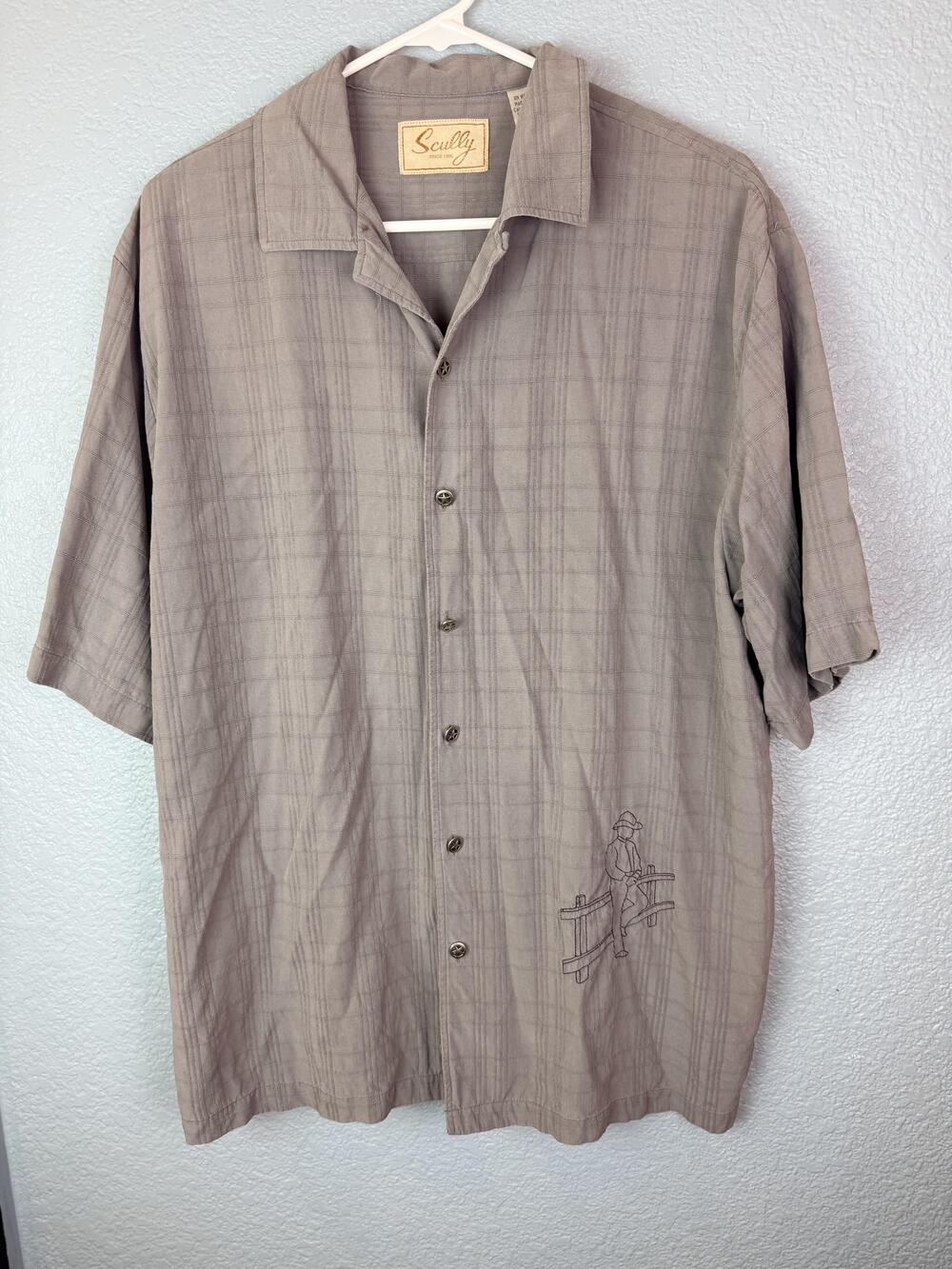 Scully Shirt Mens Large Gray Plaid Silk Short Sleeve Western Embroidered Cowboy